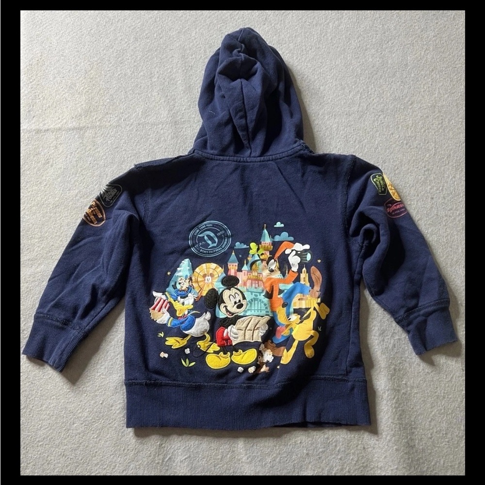 Disney Parks Hoodie Unisex Boys Girls XXS Zip-up Navy Patches Embroidered Mickey